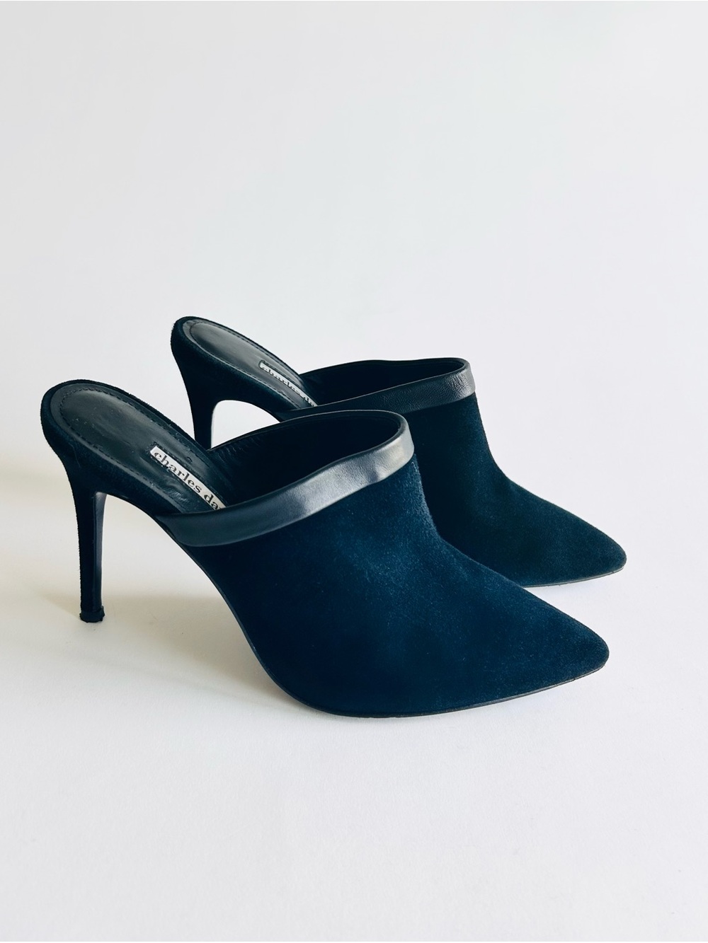 Charles David Black Suede Genuine Leather Point Toe Heeled Mules size 9.5